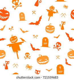 Vector pattern for Halloween on white background. Pumpkin, bat, scull, tombstone, scarecrow.