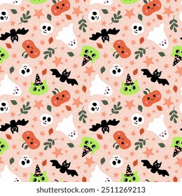 Vector pattern for Halloween. Pumpkin, wizard cat, bat, skull and ghost. Cartoon illustration with cute elements.