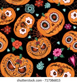 Vector Pattern For Halloween. Pumpkin,flowers And Spiderweb On The Halloween Theme. Bright Cartoon Pattern For Halloween.