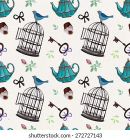 Vector pattern and hand drawing blue  tea pots  keys  leaves  cupcakes  bird cages   birds  