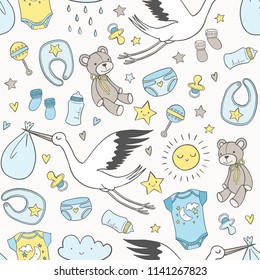 Vector pattern with hand drawn baby objects and icons. Baby shower seamless background. Doodle newborn illustrations.