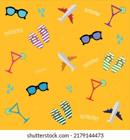Vector pattern with hand drawn beach elements and summer and travel icons such as sunglasses, sandals, soft drink, plane and waves.