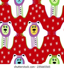 Vector pattern with hand drawn bears on red background with snowflakes. 