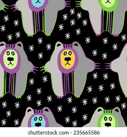 Vector pattern with hand drawn bears on black background with snowflakes. 