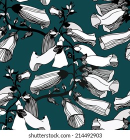Vector pattern with hand drawn bell flower on the turquoise background.