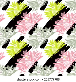Vector pattern with hand drawn birds on white background