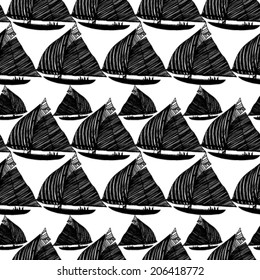 Vector pattern with hand drawn black and white sail boats.