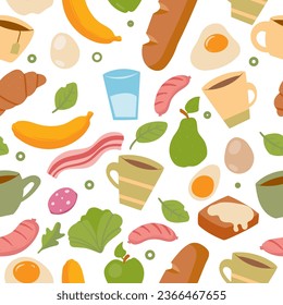 Vector pattern with hand drawn breakfast drawings. Seamless pattern with cups of coffee and tea, bread, grilled sausages, fried eggs and eggs. - Shutterstock ID 2366467655