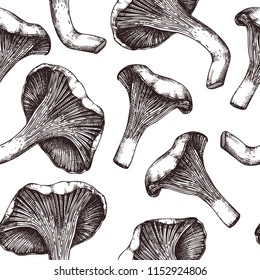 Vector pattern with hand drawn Chanterelle mushrooms. Sketched style organic product background. Healthy food drawing. Forast plants collection.