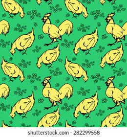 Vector pattern with hand drawn  chicken and rooster.