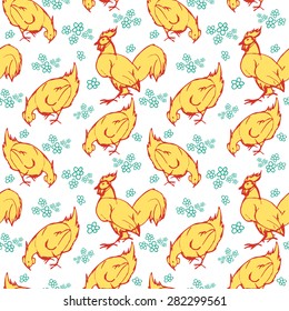 Vector pattern with hand drawn  chicken and rooster.