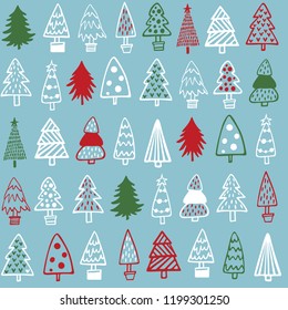 Vector pattern of hand drawn Christmas tree on blue background. Holiday decoration isolated elements. Vector illustration. Use for Greeting, Scrap-booking, Congratulations, Invitations 