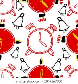 Vector pattern with hand drawn clocks and bells.