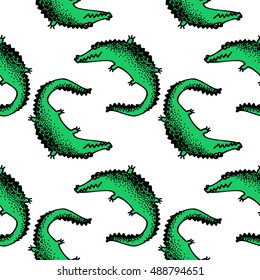 Vector pattern with hand drawn crocodiles. Doodle seamless background.