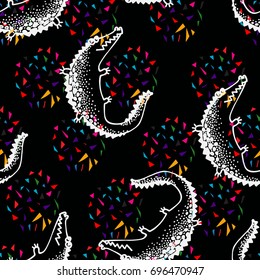 Vector pattern with hand drawn crocodiles. Doodle seamless background.