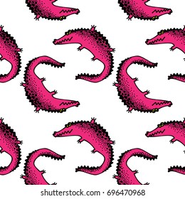 Vector pattern with hand drawn crocodiles. Doodle seamless background.