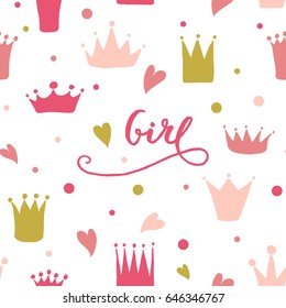Vector pattern of hand drawn crowns and hearts for young princess.
Queen crown doodle style. Girl lettering. Can be used for paper napkins design.