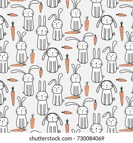 Vector Pattern With Hand drawn Cute Bunnies And Carrots.