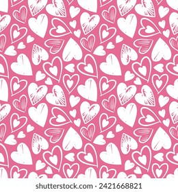 Vector pattern with hand drawn doodle hearts, cute design for Valentines day, wrapping paper, gifts, textile design, cards. Seamless pattern on pink background with white harts.