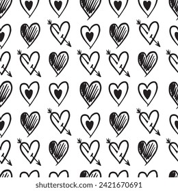 Vector pattern with hand drawn doodle hearts, cute design for Valentines day, wrapping paper, gifts, textile design, cards.