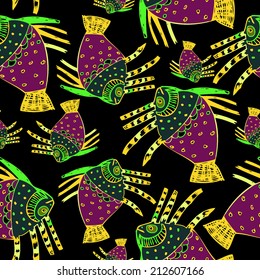 Vector pattern with hand drawn exotic fish on black background. 