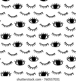 Vector pattern with hand drawn eyes doodles. Trendy seamless background with opened and winking or closed eyes. 