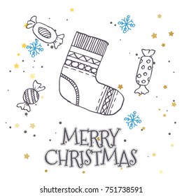 Vector pattern with hand drawn fir trees, gift, bows, christmas toys. Seasonal winter background on the white paper Graphic illustration