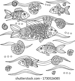 Vector pattern with hand drawn fish with ornament. Background with sea elements. Coloring page for adult and kids. Doodle style.