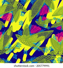 Vector pattern with hand drawn with fish with wings and flowers