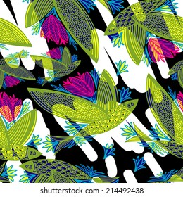 Vector pattern with hand drawn with fish with wings and flowers on the black and white background.