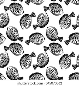 Vector pattern with hand drawn fish. Seamless. Black and white background.