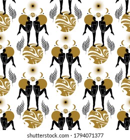 Vector pattern with  hand drawn flat abstract illustration of dancers on the planet . Creative artwork. Template for card, poster, banner, print for t-shirt, pin, badge, patch.
