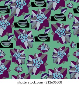Vector pattern with hand drawn flower in pot on green background. 