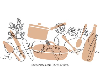 Vector pattern with hand drawn food and utensils isolated on white background. Culinary graphic element.