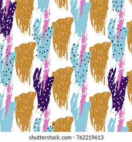 Vector  pattern with hand drawn gold glitter textured brush strokes and stripes hand painted. Black, gold, pink, green, brown colors. - stock vector
