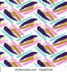 Vector  pattern with hand drawn gold glitter textured brush strokes and stripes hand painted. Black, gold, pink, green, brown colors. - stock vector