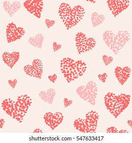 Vector pattern with hand drawn grunge pink hearts for fabric print, paper card, table cloth, textile, fashion on white background. Valentine's day, Wedding, Birthday, Love