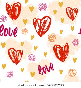 Vector pattern with hand drawn hearts and roses for fabric print, paper card, table cloth, textile, fashion on white background. Valentine's day, Wedding, Birthday, Love