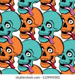 Vector pattern with hand drawn illustration of human skull. Template for card, poster. banner, print for t-shirt, pin, badge, patch.
