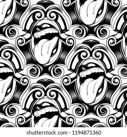 Vector pattern with hand drawn illustration of human mouth in frame. Creative realistic tattoo artwork. Template for card, poster, banner, print for t-shirt, pin, badge, patch.