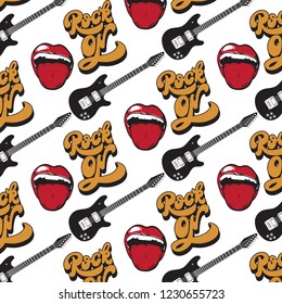 Vector pattern with hand drawn illustration of guitar, mouth with tongue and handwritten lettering . Template for card, poster, banner, print for t-shirt, pin, badge, patch.