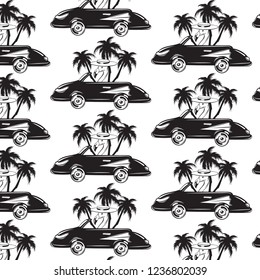 Vector pattern with hand drawn illustration of flamingo in retro car with palms isolated. Creative tattoo artwork . Template for card, poster, banner, print for t-shirt, pin, badge, patch.