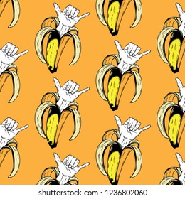 Vector pattern with hand drawn illustration of banana with shaka hand isolated. Creative tattoo artwork. Template for card, poster, banner, print for t-shirt, pin, badge, patch.