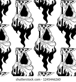 Vector pattern hand drawn illustration of death with slice of pizza. Creative tattoo artwork. Template for card, poster, banner, print for t-shirt, pin, badge, patch.