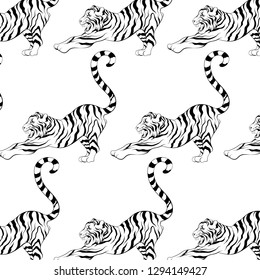 Vector pattern with hand drawn illustration of stretching tiger . Template for card, poster. banner, print for t-shirt, pin, badge, patch.