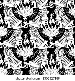 Vector pattern hand drawn illustration of pretty woman with crystal ball. Template for card, poster. banner, print for t-shirt, pin, badge, patch.