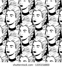 Vector pattern with hand drawn illustration of pretty woman in hystorical headdress isolated. Creative tattoo artwork. Template for card, poster. banner, print for t-shirt, pin, badge, patch.
