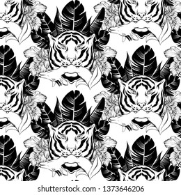 Vector pattern with hand drawn illustration of tiger with deer and plants isolated. Template for card, poster. banner, print for t-shirt, pin, badge, patch.