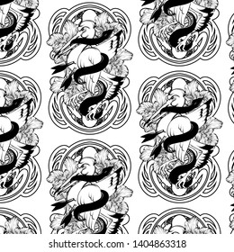 Vector pattern with hand drawn illustration of bird with snake. Template for card, poster. banner, print for t-shirt, pin, badge, patch.