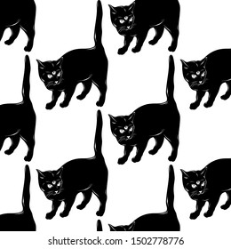 Vector pattern with hand drawn illustration of cat with three eyes. Template for card, poster. banner, print for t-shirt, pin, badge, patch.